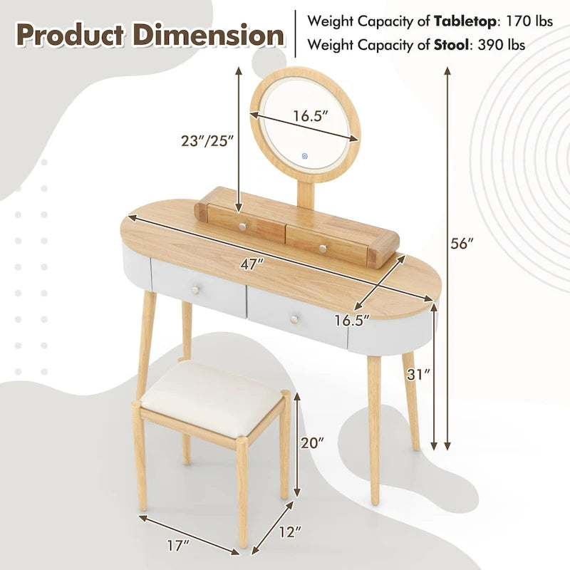Coiffeuse en bois massif avec miroir lumineux LED