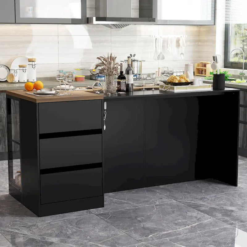 Îlot de cuisine avec tiroirs et placards vitrés, se transforme en bureau