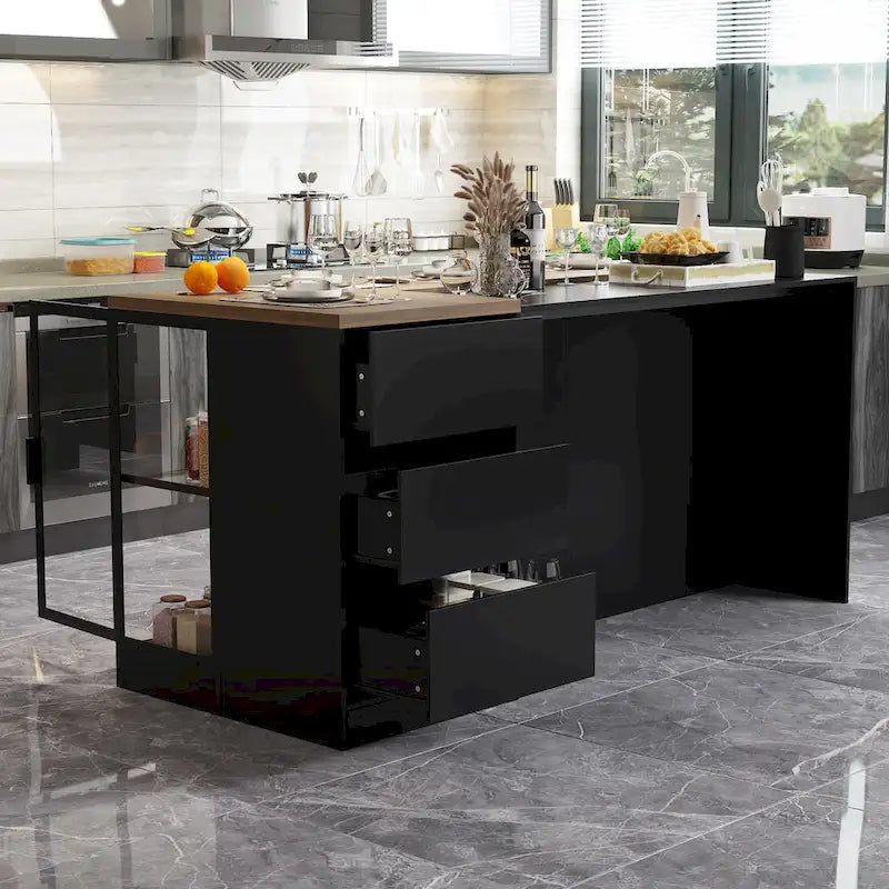 Îlot de cuisine avec tiroirs et placards vitrés, se transforme en bureau