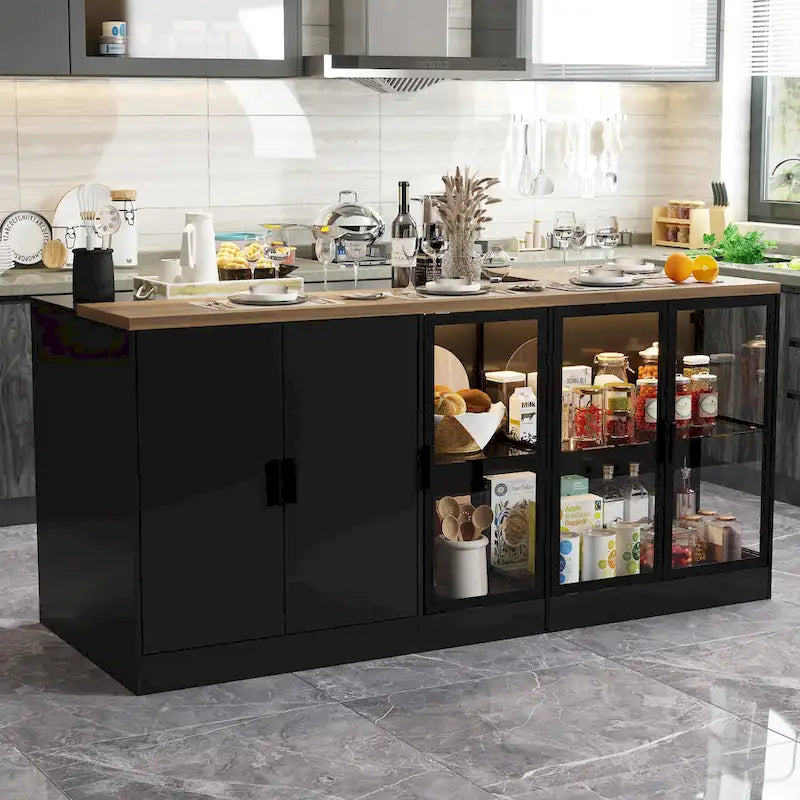 Îlot de cuisine avec tiroirs et placards vitrés, se transforme en bureau