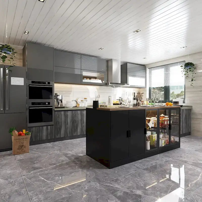 Îlot de cuisine avec tiroirs et placards vitrés, se transforme en bureau