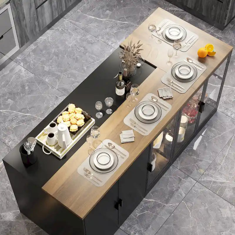 Îlot de cuisine avec tiroirs et placards vitrés, se transforme en bureau