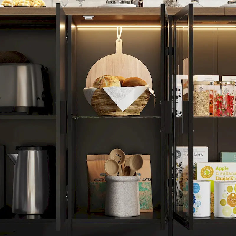 Îlot de cuisine avec tiroirs et placards vitrés, se transforme en bureau