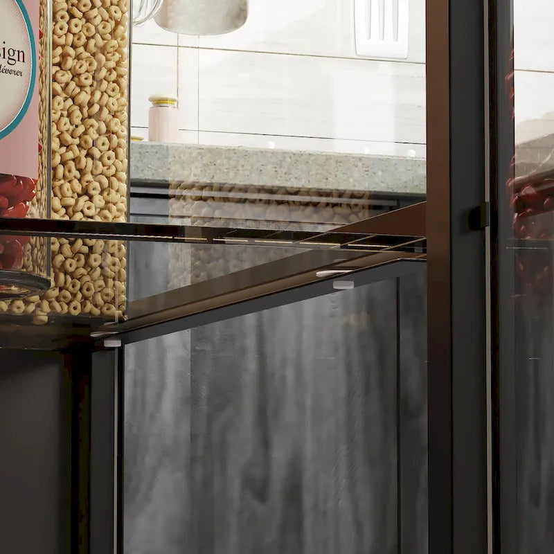 Îlot de cuisine avec tiroirs et placards vitrés, se transforme en bureau