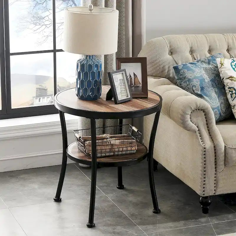 Table d'appoint ronde rustique avec rangement, table de chevet industrielle pour salon