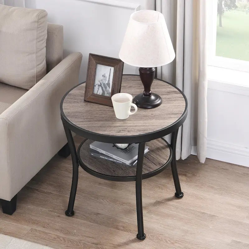 Table d'appoint ronde rustique avec rangement, table de chevet industrielle pour salon