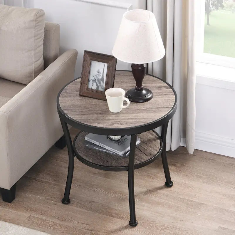 Table d'appoint ronde rustique avec rangement, table de chevet industrielle pour salon