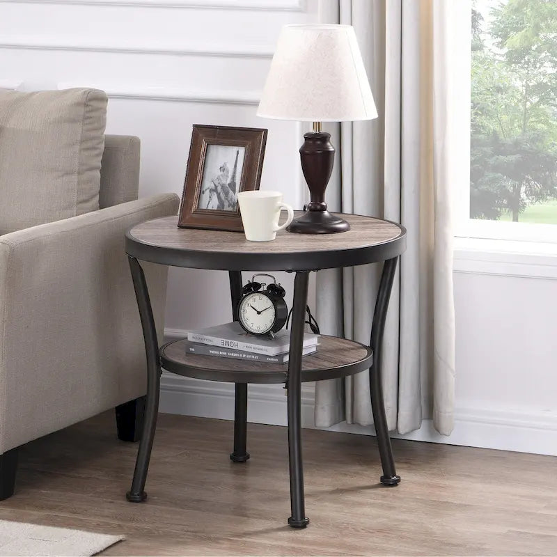 Table d'appoint ronde rustique avec rangement, table de chevet industrielle pour salon