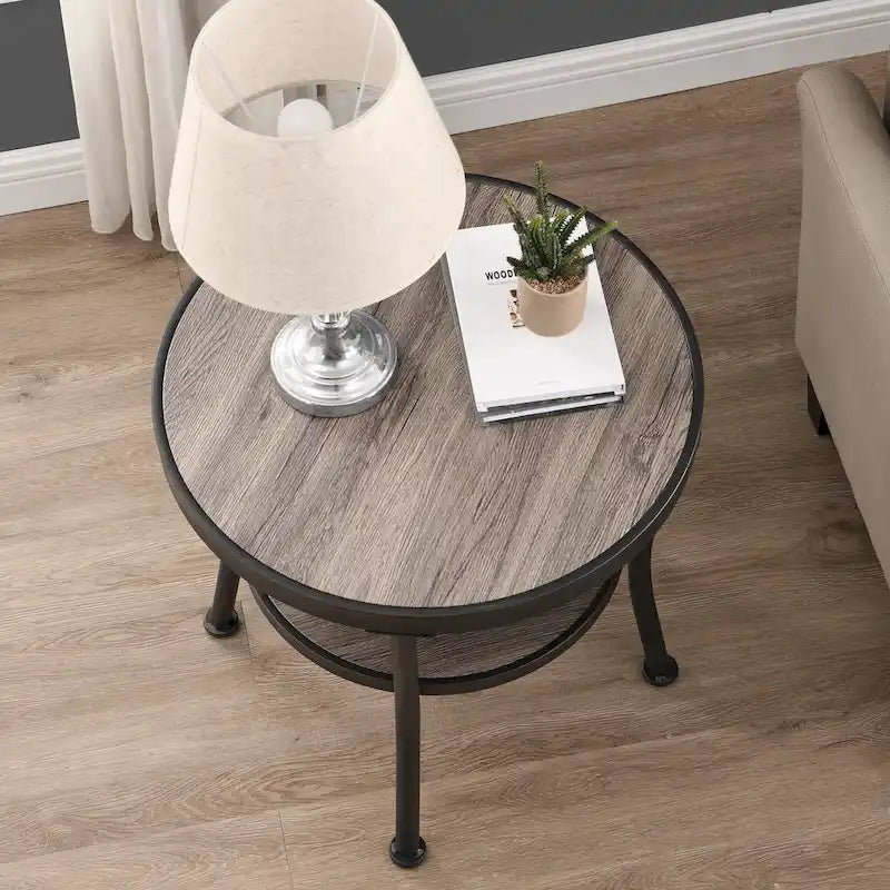 Table d'appoint ronde rustique avec rangement, table de chevet industrielle pour salon