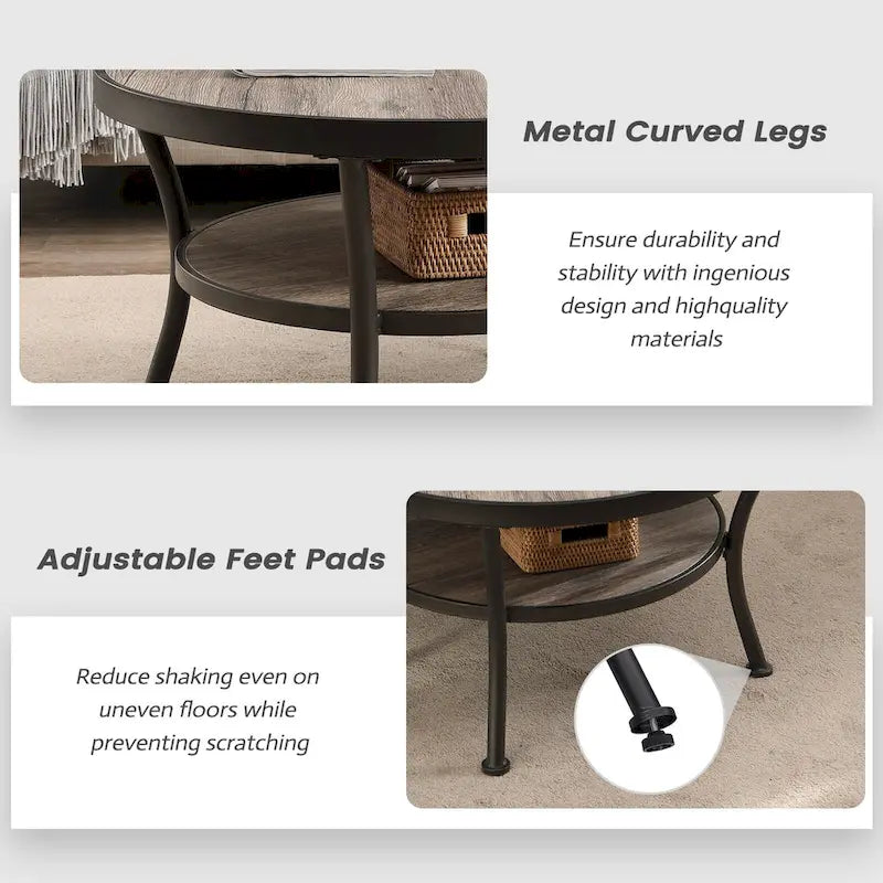 Table d'appoint ronde rustique avec rangement, table de chevet industrielle pour salon
