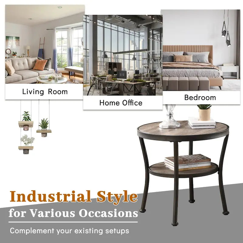 Table d'appoint ronde rustique avec rangement, table de chevet industrielle pour salon