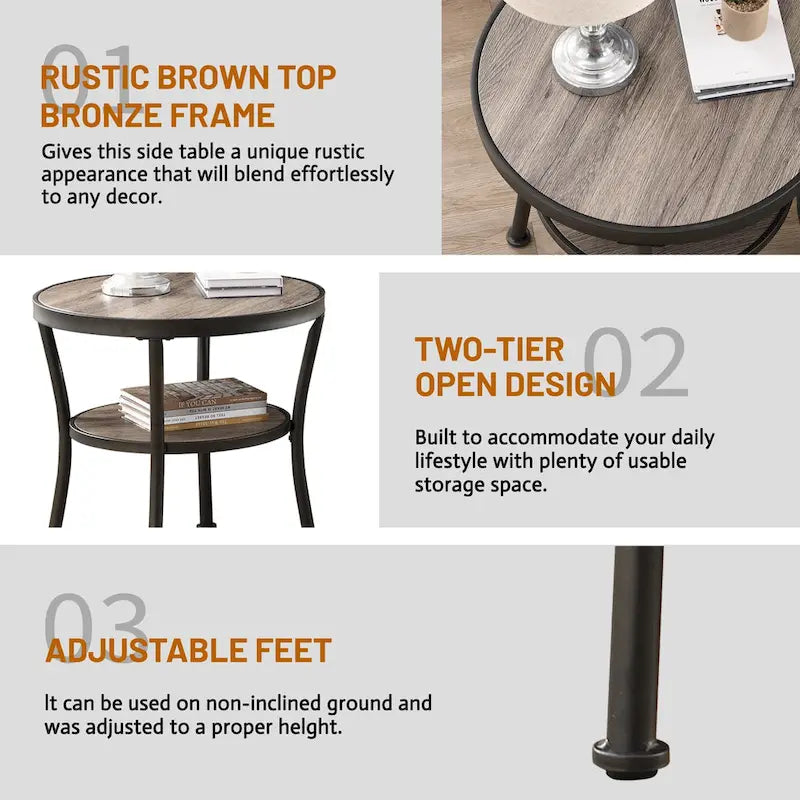 Table d'appoint ronde rustique avec rangement, table de chevet industrielle pour salon