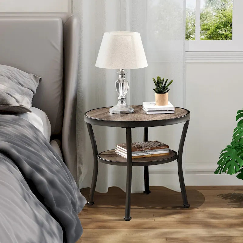 Table d'appoint ronde rustique avec rangement, table de chevet industrielle pour salon