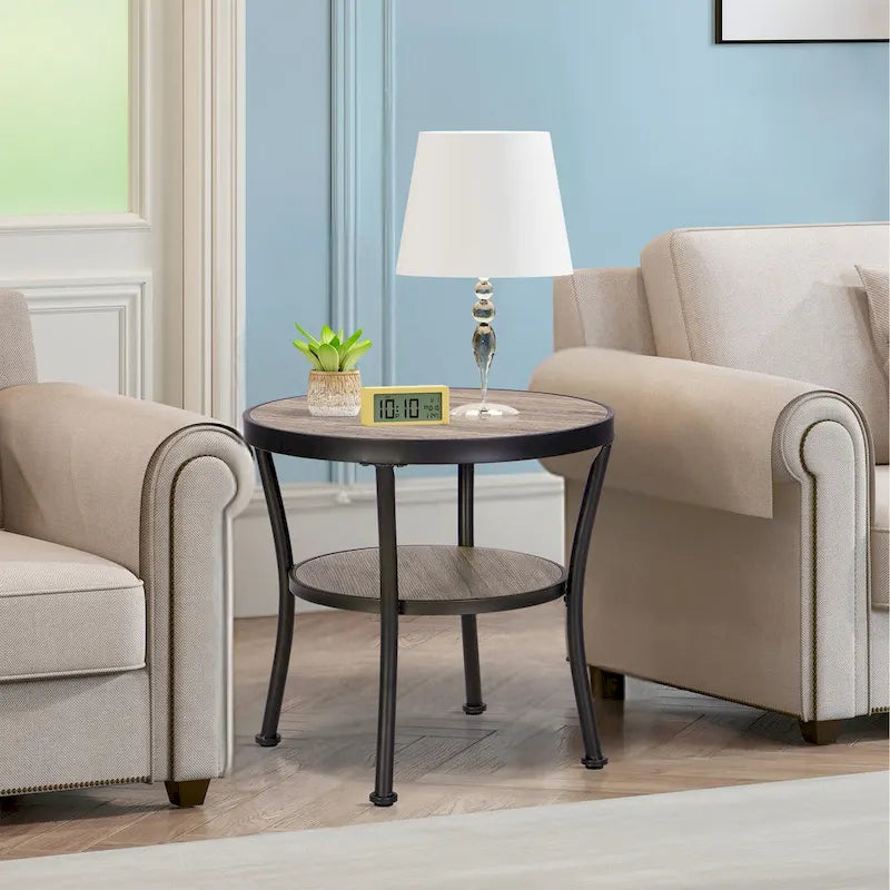 Table d'appoint ronde rustique avec rangement, table de chevet industrielle pour salon