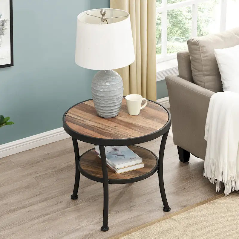Table d'appoint ronde rustique avec rangement, table de chevet industrielle pour salon