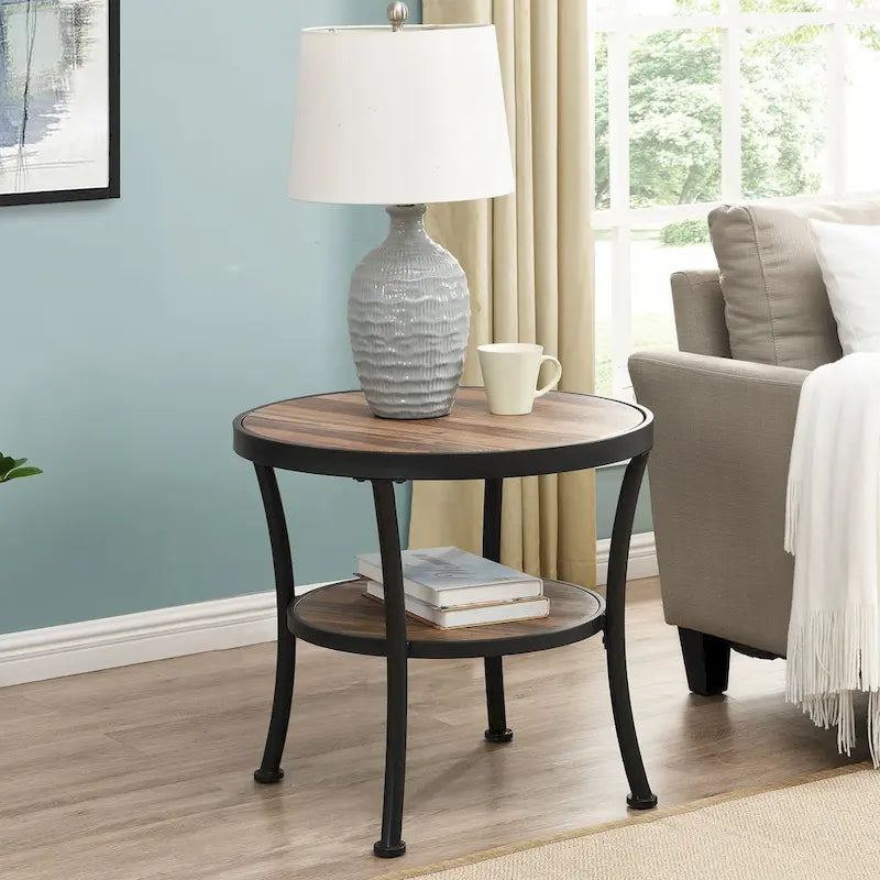 Table d'appoint ronde rustique avec rangement, table de chevet industrielle pour salon