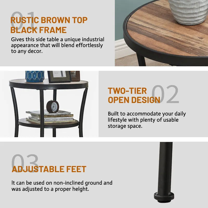 Table d'appoint ronde rustique avec rangement, table de chevet industrielle pour salon