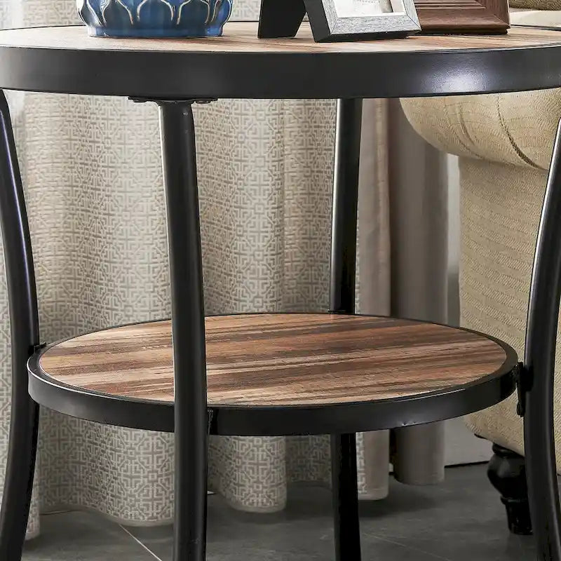 Table d'appoint ronde rustique avec rangement, table de chevet industrielle pour salon