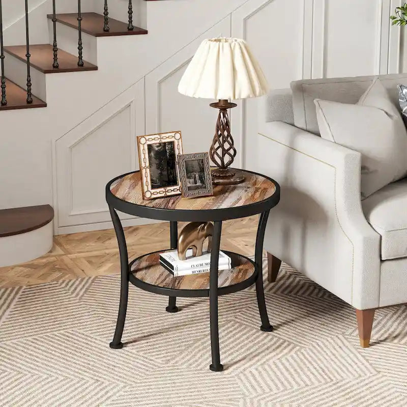 Table d'appoint ronde rustique avec rangement, table de chevet industrielle pour salon