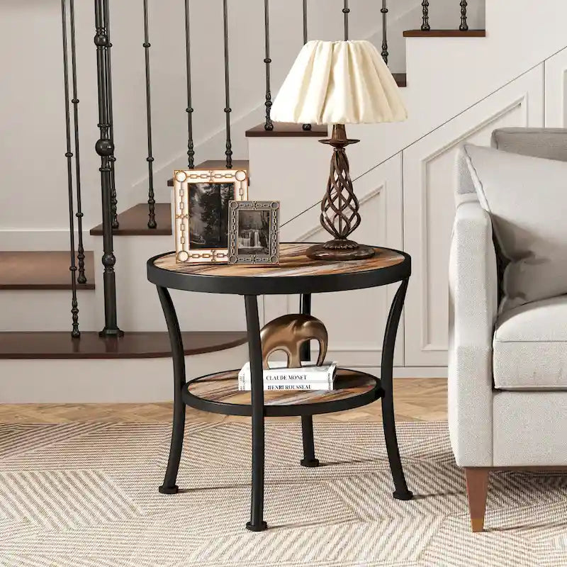 Table d'appoint ronde rustique avec rangement, table de chevet industrielle pour salon