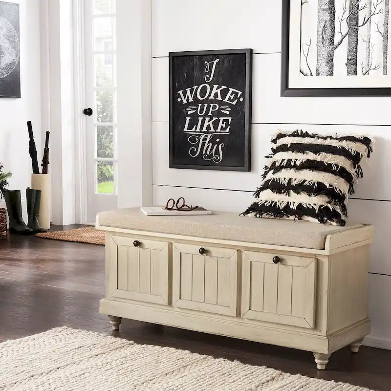 Banc de rangement avec coussin d'assise en lin par