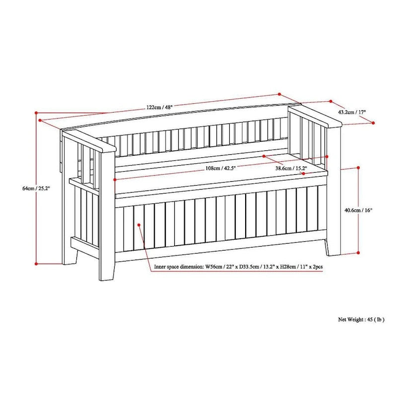 Banc de rangement en bois massif de 48 pouces pour entrée