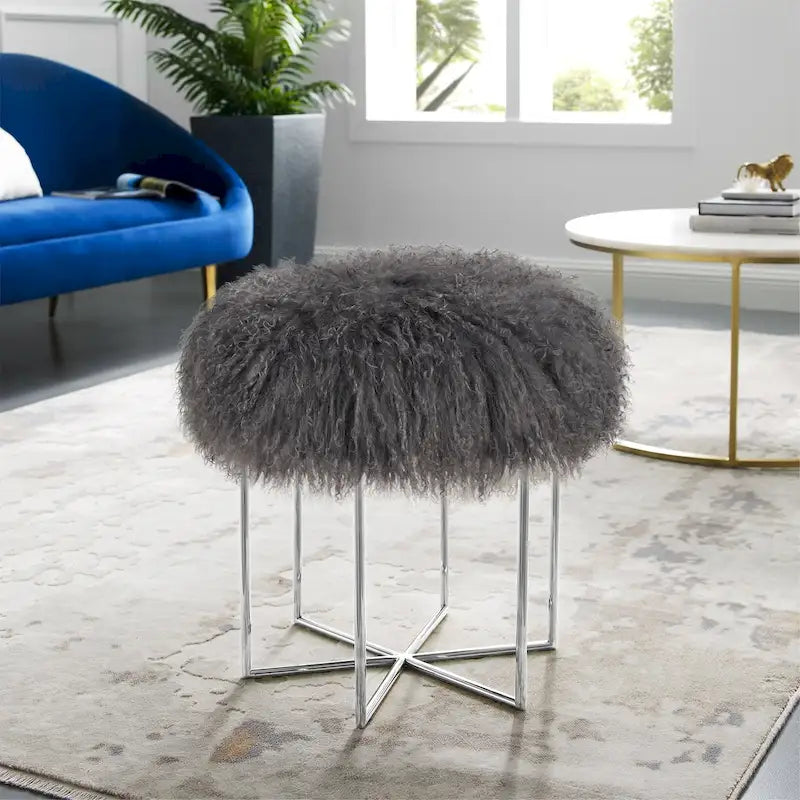 Ottoman en véritable peau de mouton mongol/acier inoxydable