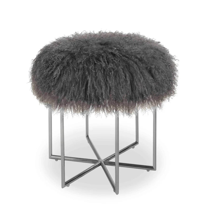 Ottoman en véritable peau de mouton mongol/acier inoxydable