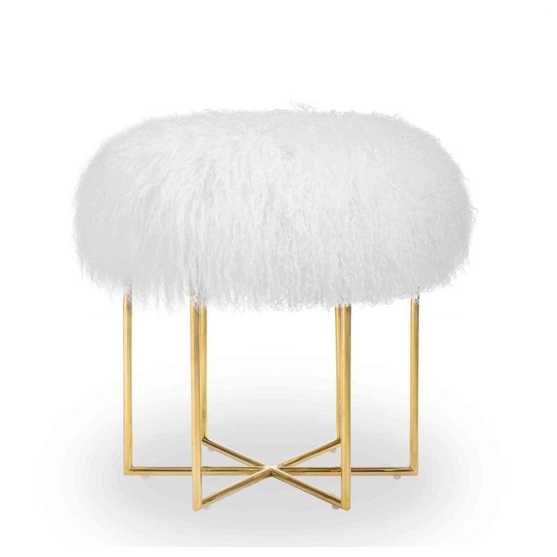 Ottoman en véritable peau de mouton mongol/acier inoxydable