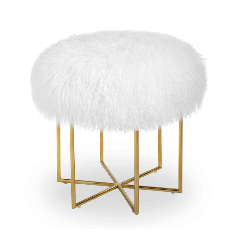 Ottoman en véritable peau de mouton mongol/acier inoxydable