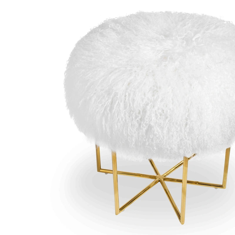 Ottoman en véritable peau de mouton mongol/acier inoxydable