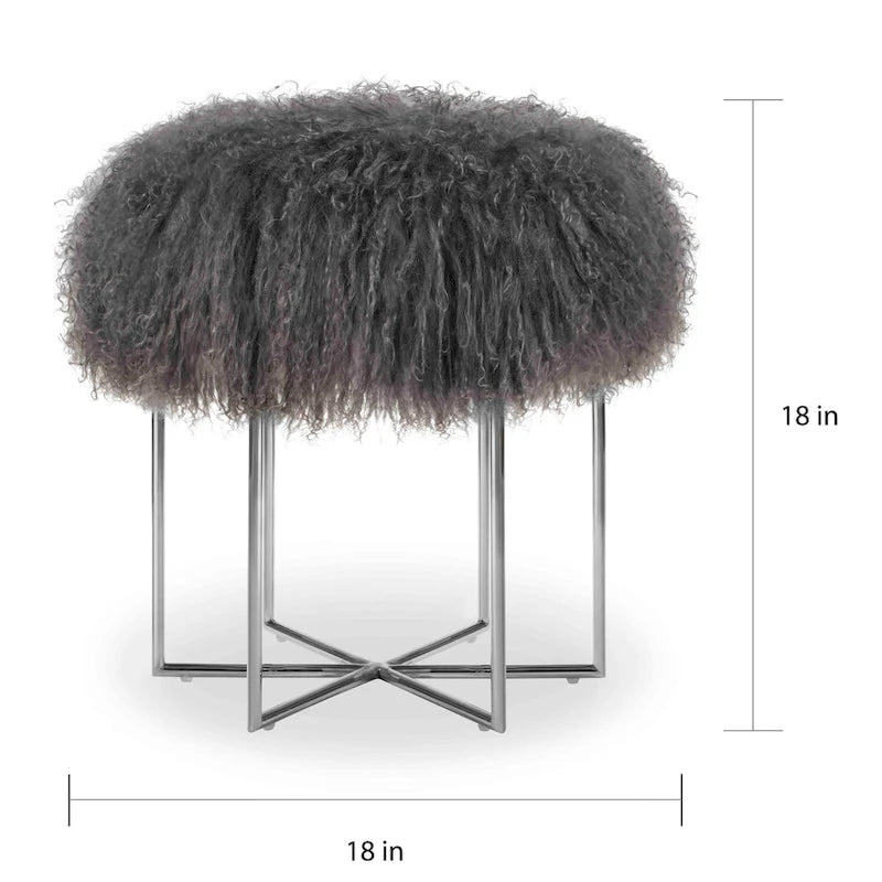 Ottoman en véritable peau de mouton mongol/acier inoxydable