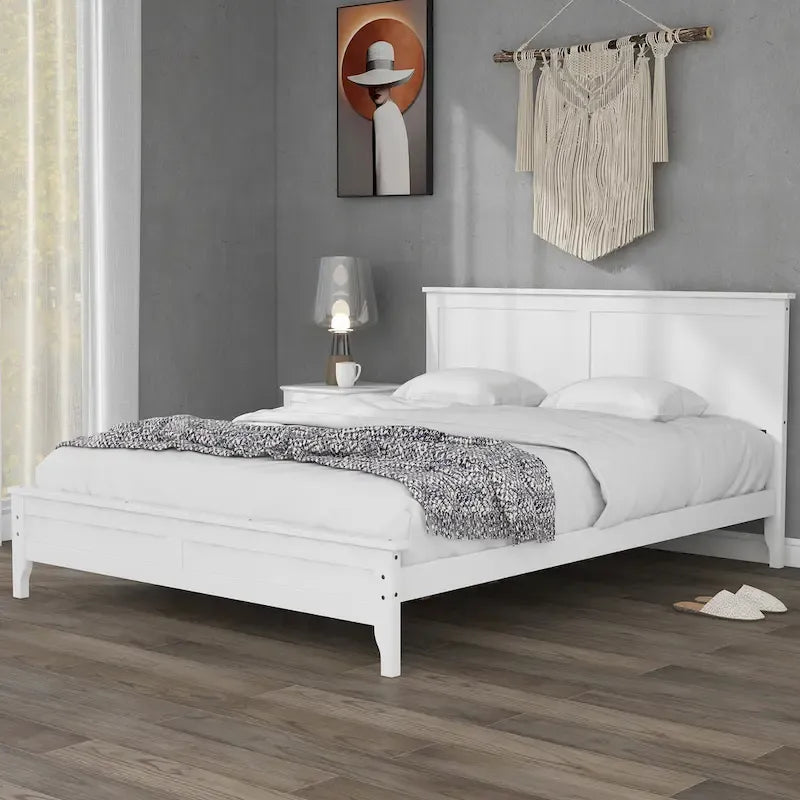 Lit plateforme queen en bois massif blanc moderne
