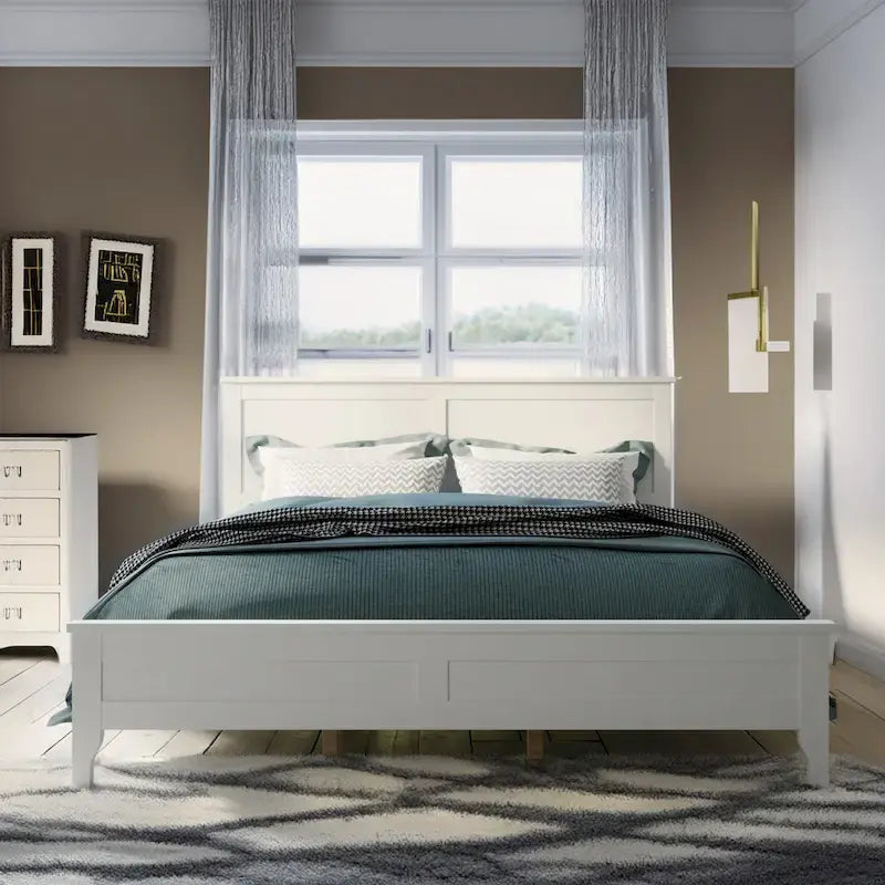 Lit plateforme queen en bois massif blanc moderne