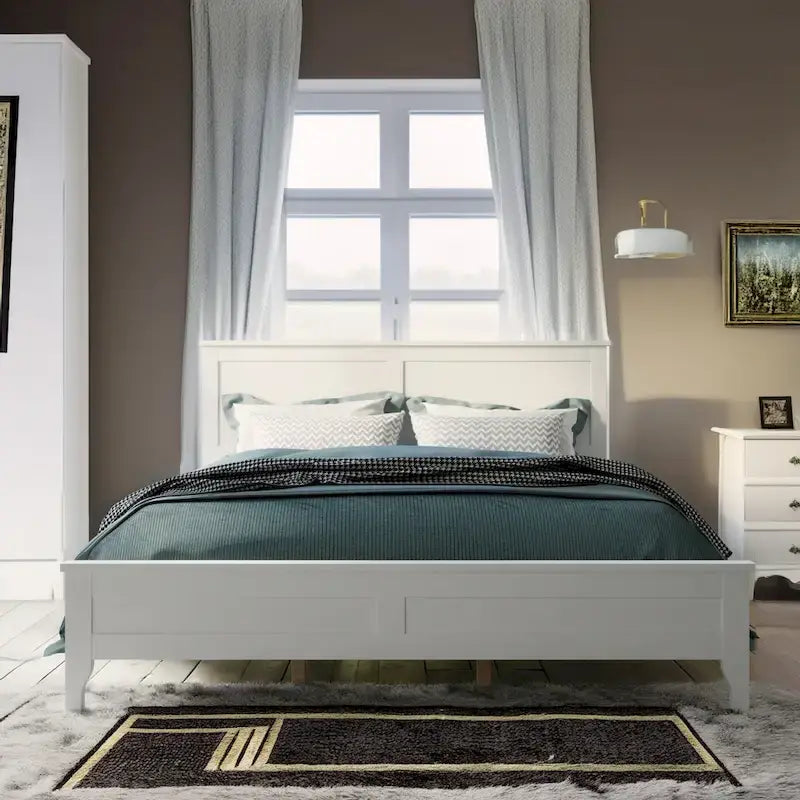 Lit plateforme queen en bois massif blanc moderne