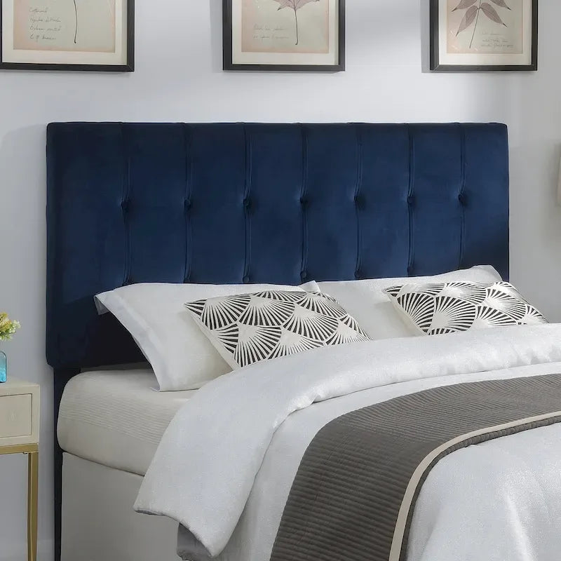 Tête de lit capitonnée en velours bleu marine grand lit