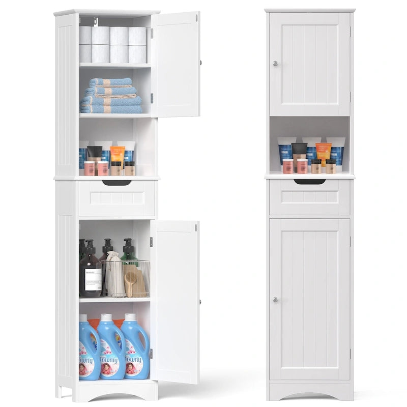 Meuble de rangement haut et étroit en lin pour salle de bain de 170 cm, armoire de rangement autoportante en bois massif à 5 niveaux