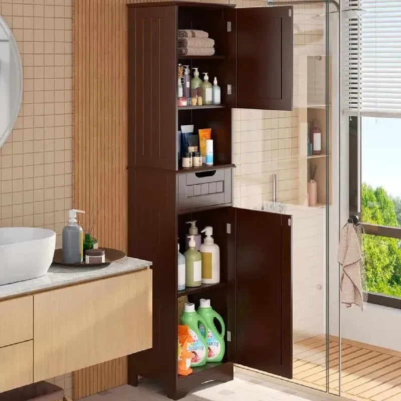 Meuble de rangement haut et étroit en lin pour salle de bain de 170 cm, armoire de rangement autoportante en bois massif à 5 niveaux