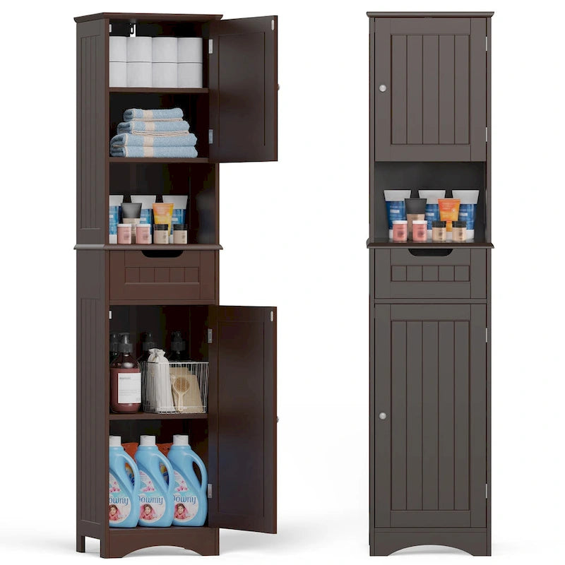 Meuble de rangement haut et étroit en lin pour salle de bain de 170 cm, armoire de rangement autoportante en bois massif à 5 niveaux