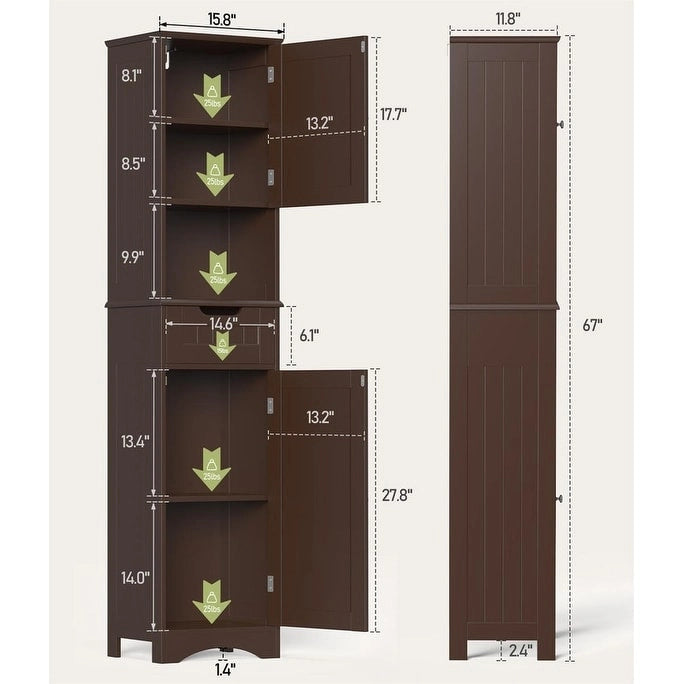 Meuble de rangement haut et étroit en lin pour salle de bain de 170 cm, armoire de rangement autoportante en bois massif à 5 niveaux