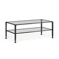 Table basse rectangulaire noire en métal avec plateau en verre et étagère inférieure
