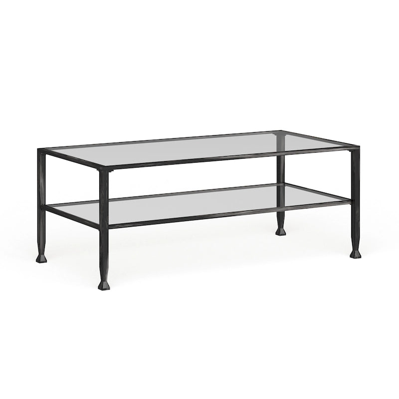 Table basse rectangulaire noire en métal avec plateau en verre et étagère inférieure