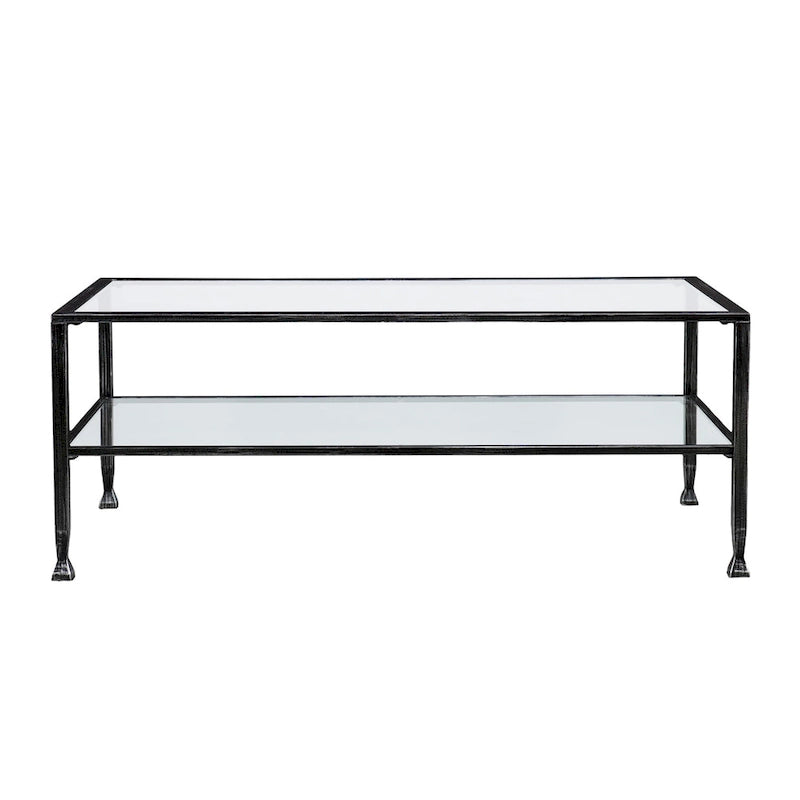 Table basse rectangulaire noire en métal avec plateau en verre et étagère inférieure