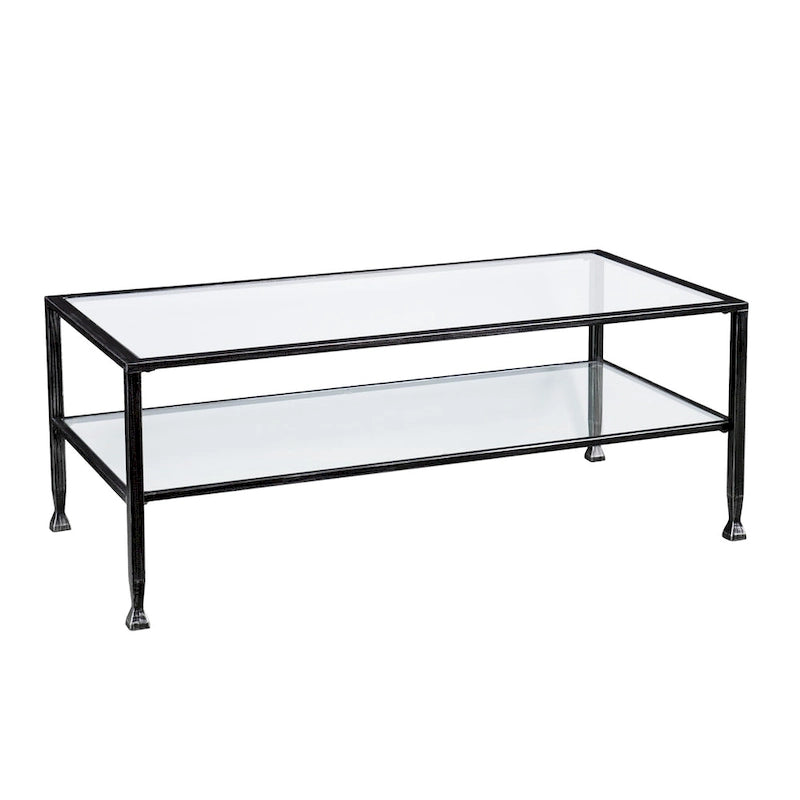 Table basse rectangulaire noire en métal avec plateau en verre et étagère inférieure