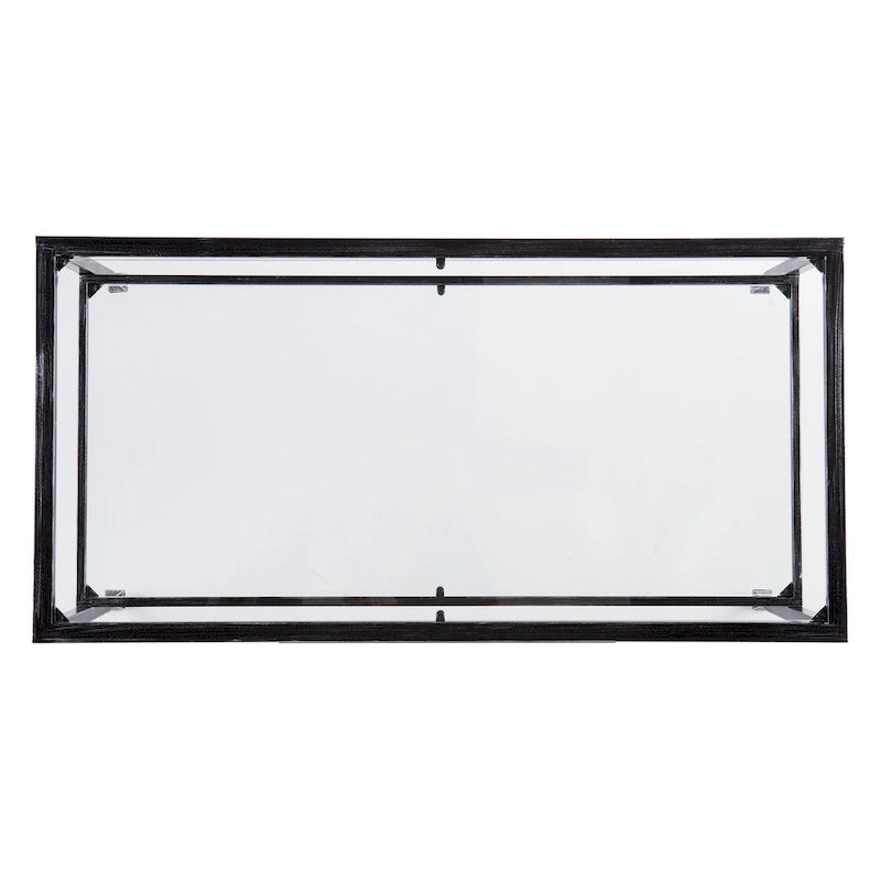 Table basse rectangulaire noire en métal avec plateau en verre et étagère inférieure
