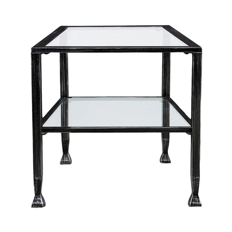 Table basse rectangulaire noire en métal avec plateau en verre et étagère inférieure