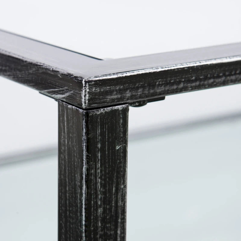 Table basse rectangulaire noire en métal avec plateau en verre et étagère inférieure
