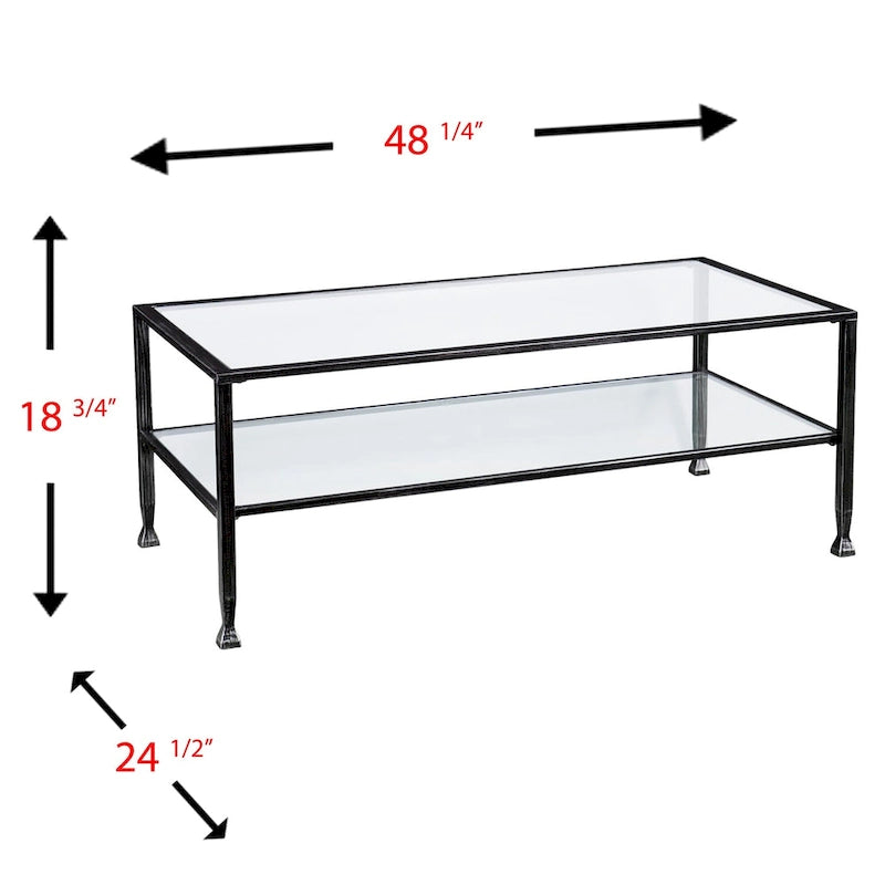 Table basse rectangulaire noire en métal avec plateau en verre et étagère inférieure