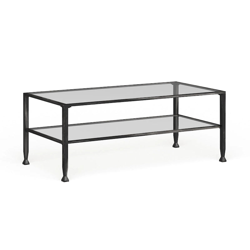 Table basse rectangulaire noire en métal avec plateau en verre et étagère inférieure