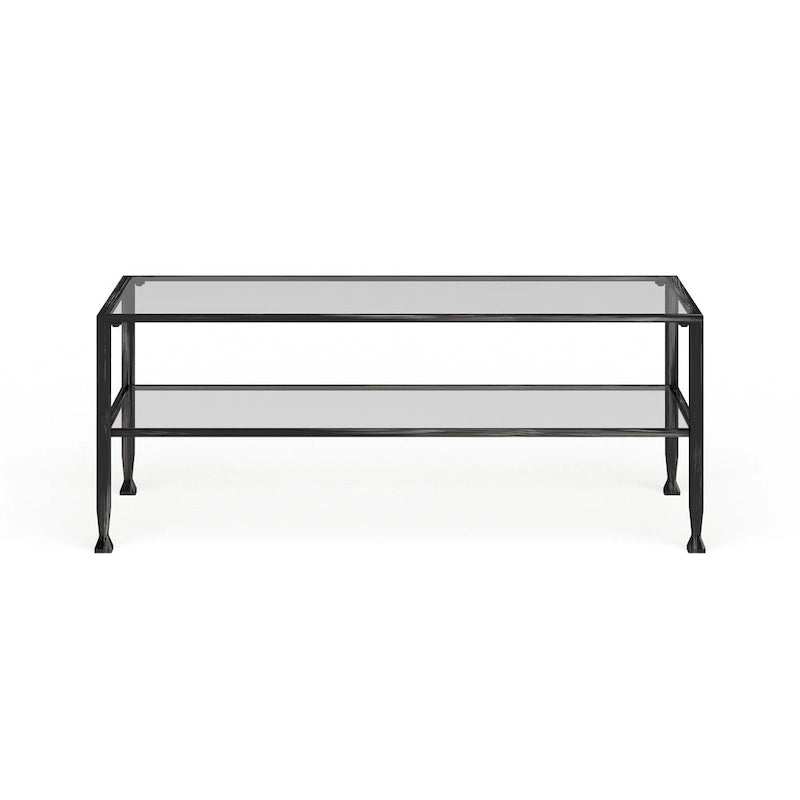 Table basse rectangulaire noire en métal avec plateau en verre et étagère inférieure